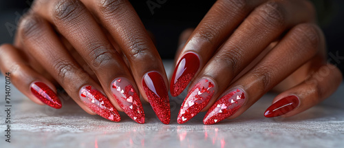 Black woman's nails with beautiful red manicure with Valentine's Day design. AI generated