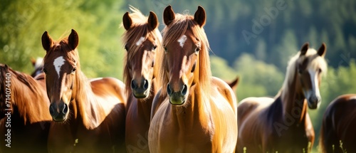 Group of Brown Horses Standing Together in a Field