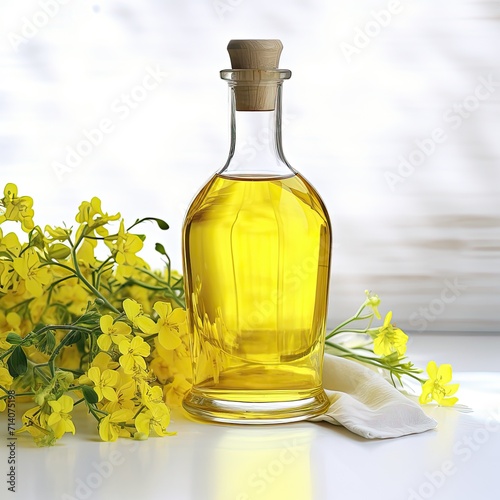 Rapeseed oil in a glass bottle isolated on a white background