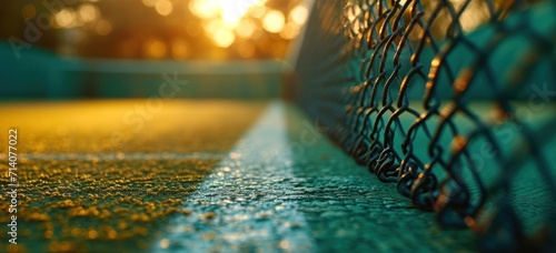 close up of green tennis court with white lines and netting at sunrise