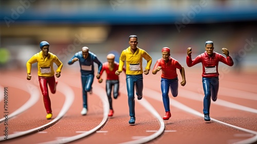 Miniature figures of athletes in sports uniforms running on the track. Group of plastic toys of marathon runners in motion. Human activity. Design for sport. Illustration for cover, card, decor or ad.