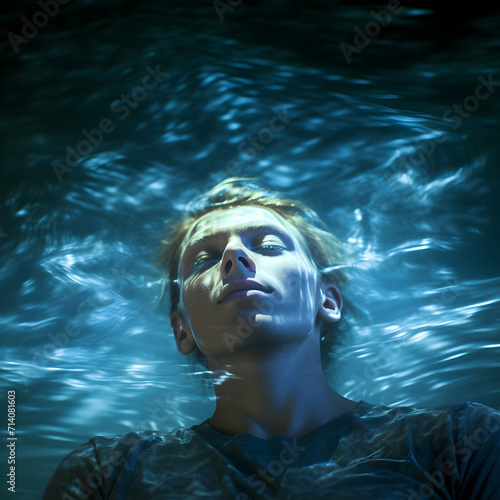 I dreamt that I was floating in water - young man with eyes closed floating in water wearing a tshirt appearing to be asleep and dreaming 