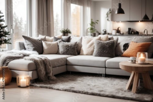 Nordic scandinavian interior home design of modern living room with cozy gray fur corner sofa with winter atmosphere at home in the forest