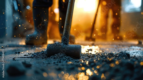 Construction worker pounds cement with a hammer on the floor of a construction site