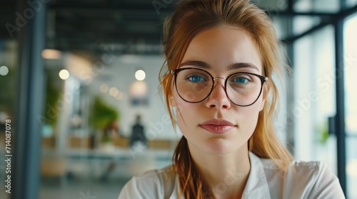 Confident young businesswoman in glasses, poised by a large window in a bustling urban office. Her intense gaze reflects success, ambition, and determination in the corporate world
