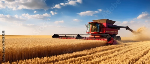 Large Red Combine Harvesting Wheat in Field