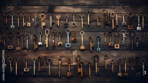 Encryption and Security concept image. Old and vintage keys, arranged randomly, many from 1800s, on an old grungy wooden desk. 