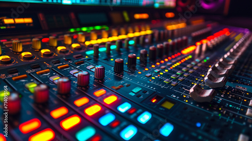 A close-up shot of a recording studio mixing desk, capturing the intricate details of faders, buttons, and LED displays, with vibrant meters and screens displaying soundwaves, crea