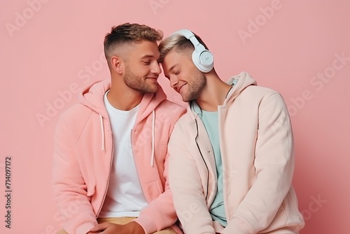 Male LGBT couple in love. Handsome young guys in headphones listen to music together. Neutral background, banner with copy space. Concept: listen and enjoy the sound. 