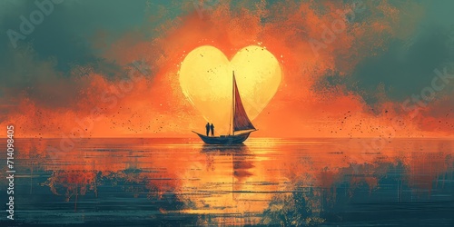 Sailing on a Love Boat - Design an illustration of a boat sailing on calm waters, shaped like a heart. The scene can depict a couple enjoying a peaceful journey surrounded by love