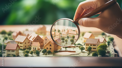 A hand holding a magnifying glass to a house, Searching for house and property with magnifying glass, AI generated
