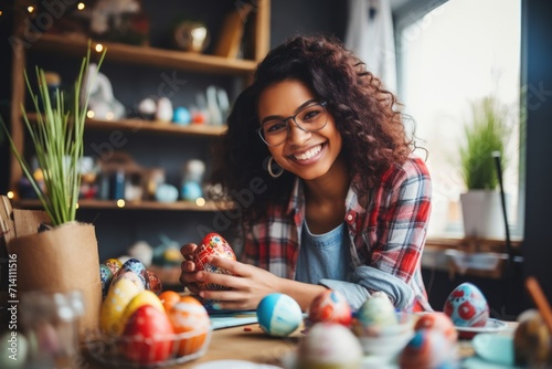 A black woman paints eggs. concept of a happy Easter.