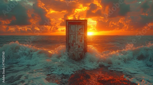 Single door frame in the middle of the ocean made with Ai generative technology