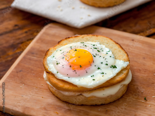 English muffin with fried egg, ham and cheese breakfast on the wooden board 