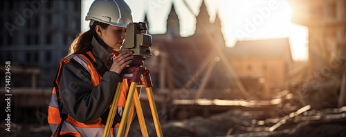 Surveyor site Engineer with helmet and theodolite equipment for construction buildings. copyspace for your text.