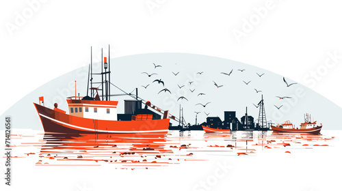 maritime traditions of fishing vessels in a vector scene featuring fishing boats nets and scenes of fishermen engaged in their daily pursuits .simple isolated line styled vector illustration
