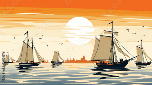 historical charm of sailing ships in a vector scene featuring classic sailboats billowing sails and the timeless allure associated with traditional maritime vessels .simple isolated line styled vector