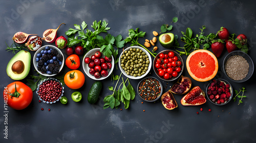 Healthy nutrition concept with vegetables and fruits on black background