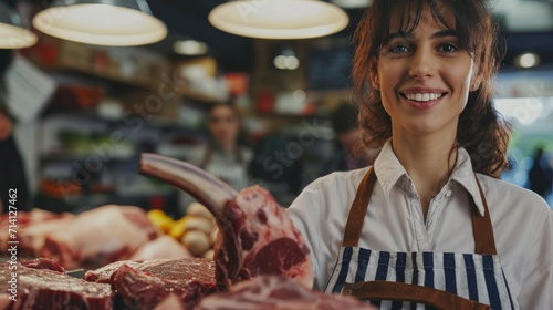 Smiling woman butcher presenting tasty meat products at the counter