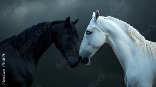 Beautiful white and black horse looking at each other close up