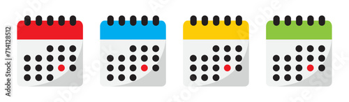 Glossy calendar symbol with red date mark icon set in four different colors. Special, holiday red date mark symbol on calendar icon set in red, blue, yellow and green isolated on white background.