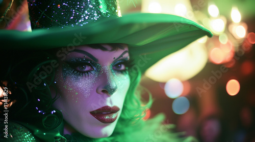 Green witch drag queen portrait at a gay pride party, copy space, ai generated