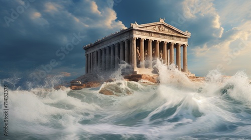 Roman temples in front of big waves in the sea made with Ai generative technology