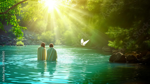 The biblical scene from the Gospels where John the Baptist baptizes Jesus in the Jordan River.