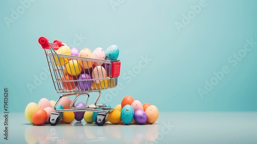 Easter shopping cart filled with painted Easter eggs on an empty blue background with a lot of free copy space