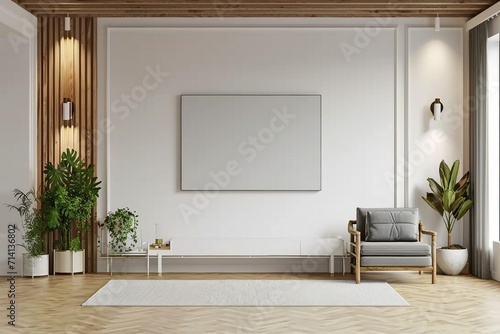 Mockup a TV wall mounted with armchair in living room with a white wall.3d rendering. generative ai.