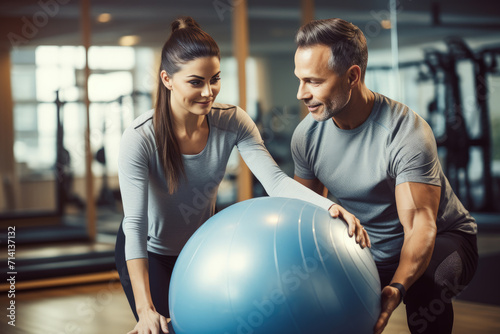 In the gym, a personal trainer assists a dedicated girl performing exercises on a pilates ball, emphasizing health and wellness.