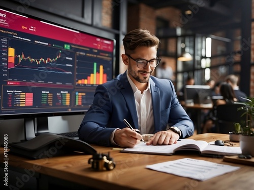 A finance trade manager evaluates stock market indicators to devise optimal investment strategies, utilizing financial data, charts, and digital AI analysis.
