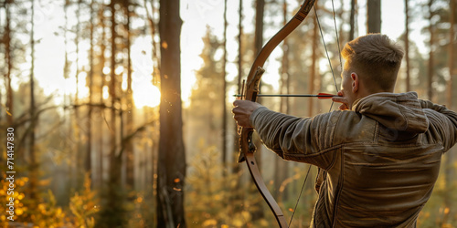 Man with bow and arrow targeting in a sun-drenched woodland, conveying focus and nature