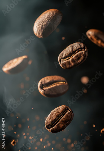Flying coffee beans smog background