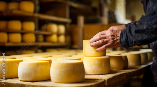 Un fromager contrôle la qualité des fromages affinés alignés sur des étagères en bois.