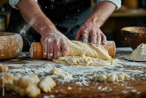 A baker rolls pastry dough onto a floured wooden countertop.