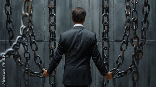 A contemplative businessman in a suit stands halted before a symbolic chain barrier, representing challenging decisions and obstacles in his career path.