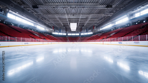 A professional ice hockey rink brightly illuminated by powerful spotlights in an ice arena.