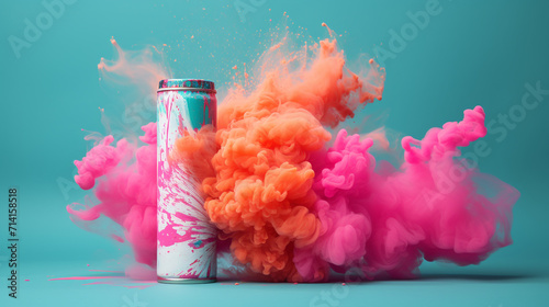 Tin can for drink in orange pink smoke on blue background, advertisement for soft drinks, soda, juice.
