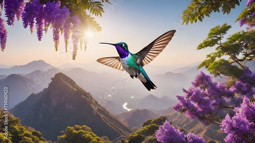 hummingbird bird flying background of mountains ,fantasy photography 