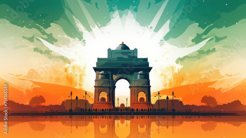 India gate, Delhi background in orange, white, green colors Independence Day of India. Generative ai