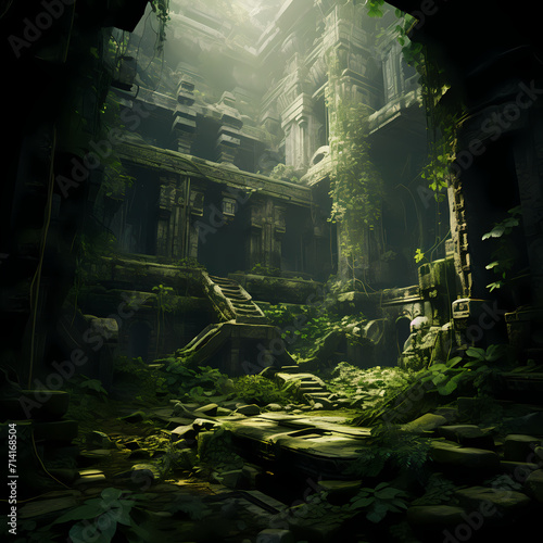 Ancient ruins in a mystical overgrown jungle. 