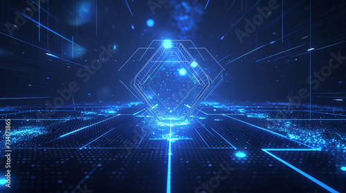  A futuristic presentation background with a dark blue and black color scheme, featuring a 3D abstract geometric shape in the center, with a glowing neon outline