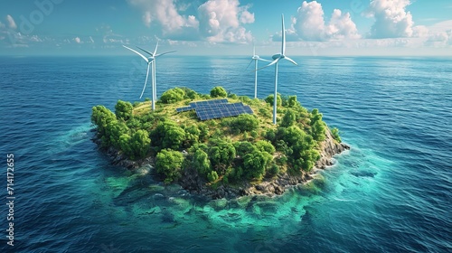 A island with grass, trees, and the sky that has solar panels and wind turbines, Generative AI.
