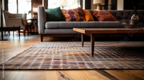 Close-up of a patterned, hand-loomed rug on a polished hardwood floor in an eclectic living room