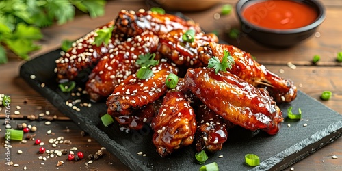 Incredibly tasty BBQ chicken with sesame seeds on a black plate, fast food, sweet and sour sauce, Asian cuisine, background, wallpaper.