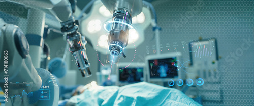 future robotic arms performing automated medical health care operation for future precision surgical robot and remote control hospital equipment as wide banner design with information hologram