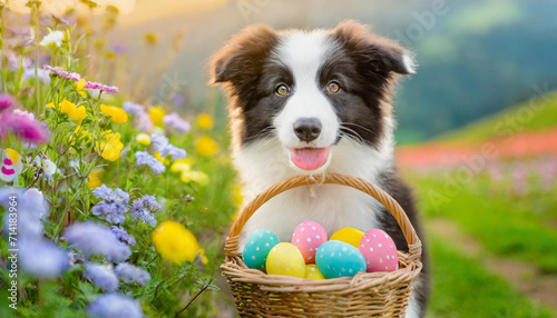 Cute puppy dog border collie holding basket with Easter colorful eggs.