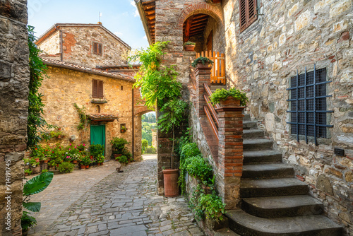 The picturesque village of Montefioralle, near Greve in Chianti, on a sunny summer day. Province of Florence, Tuscany, Italy.