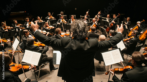 A visually rich composition showcasing a conductor in front of a large symphony orchestra, with a panoramic view of instruments, strings, and brass sections, highlighting the condu